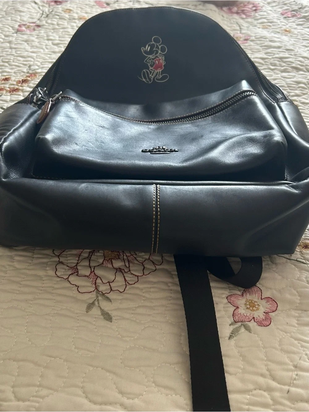 Coach Black Leather Backpack with Mickey Mouse Accent